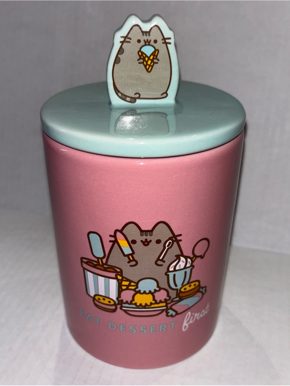 Pusheen Pink Canister with Mint Lid - Dessert Cat Treat Jar 7.5” tall 24 oz